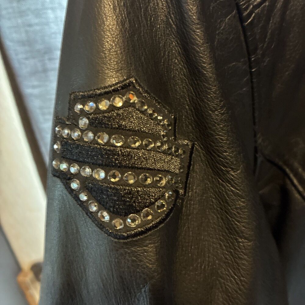 Harley Davidson Womens Medium Black Leather Rhinestone Jacket Moto Biker - Picture 2 of 12